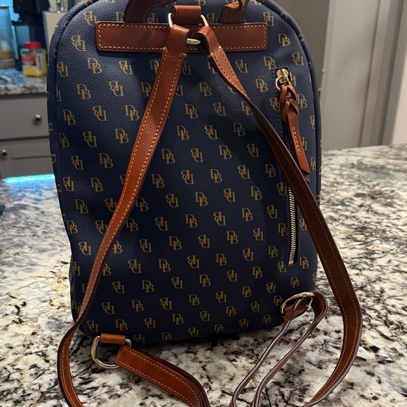 Dooney & Bourke Blue Monogram Backpack with Tan Details - Picture 2 of 5